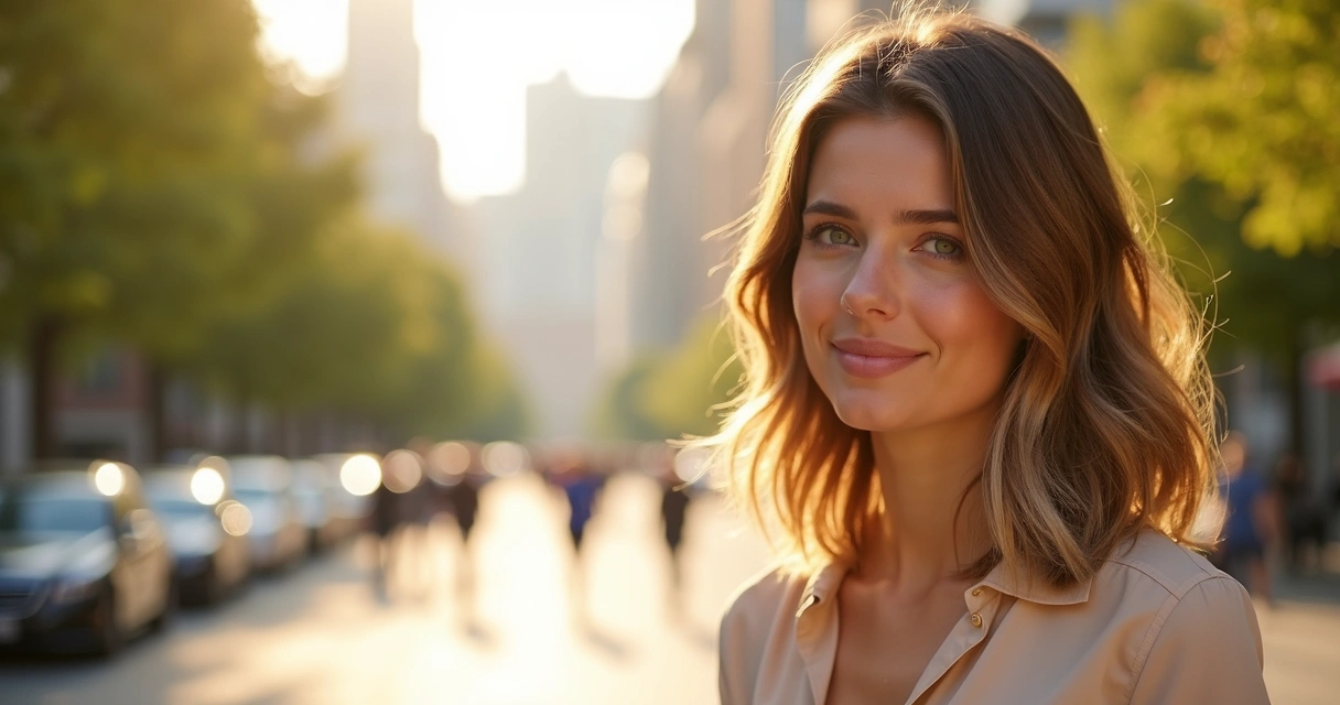 Mulher com cabelo moreno iluminado e mechas loiras suaves ao sol 