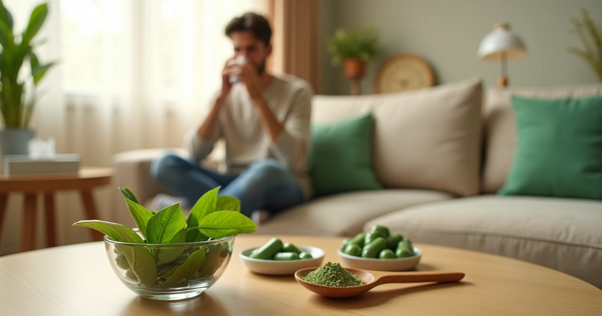 Pessoa usando inalador ao lado de moringa sobre mesa de madeira 