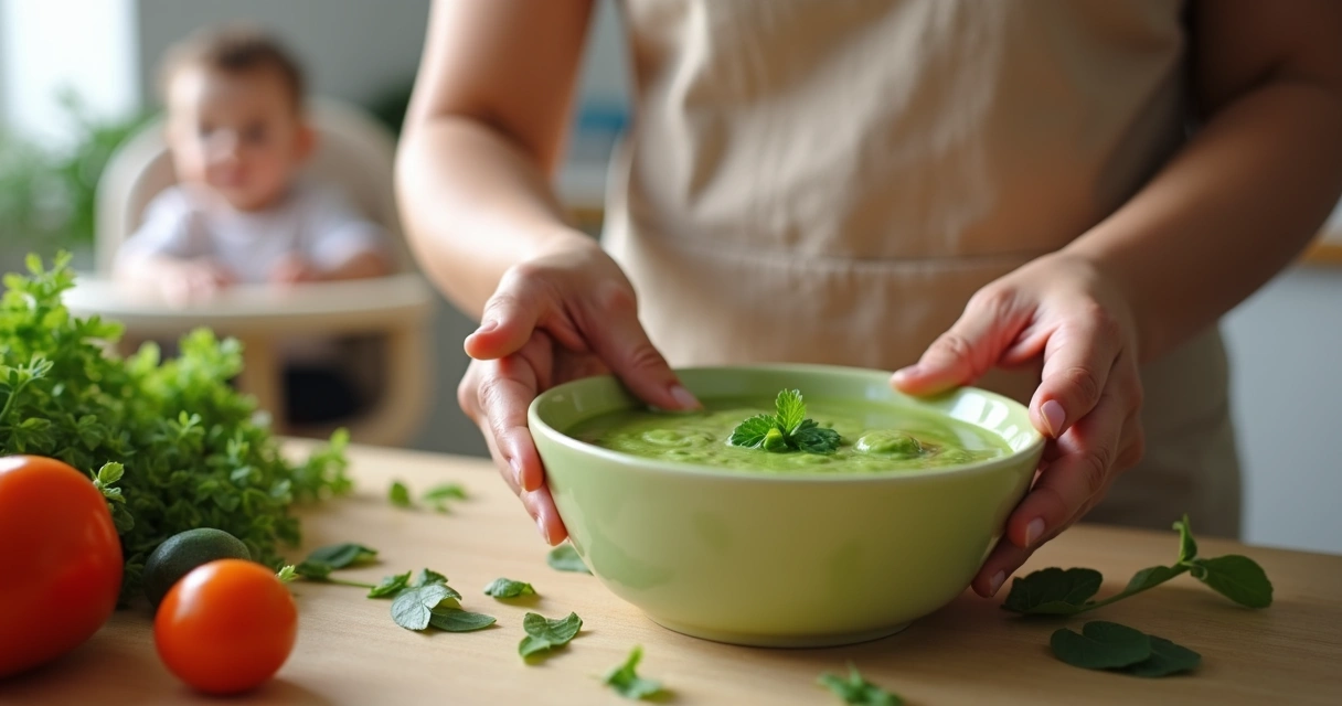 Mãe preparando papinha verde de moringa para bebê ao lado de vegetais frescos