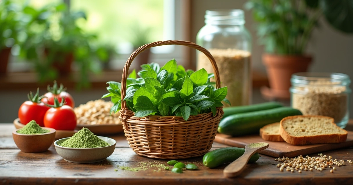 Folhas de moringa frescas ao lado de alimentos orgânicos em uma mesa de madeira 