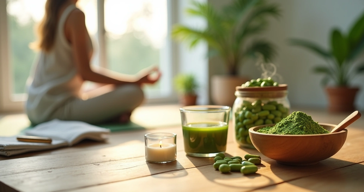 Mulher preparando ritual de autocuidado com moringa em uma manhã iluminada 
