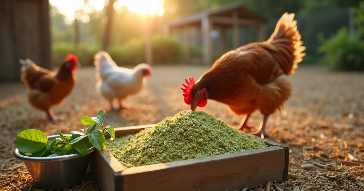 Frango caipira se alimentando de ração com folhas de moringa ao ar livre 