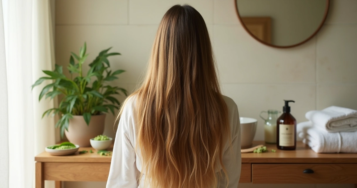 Cabelos longos na frente e folhas de moringa ao fundo em ambiente de spa 