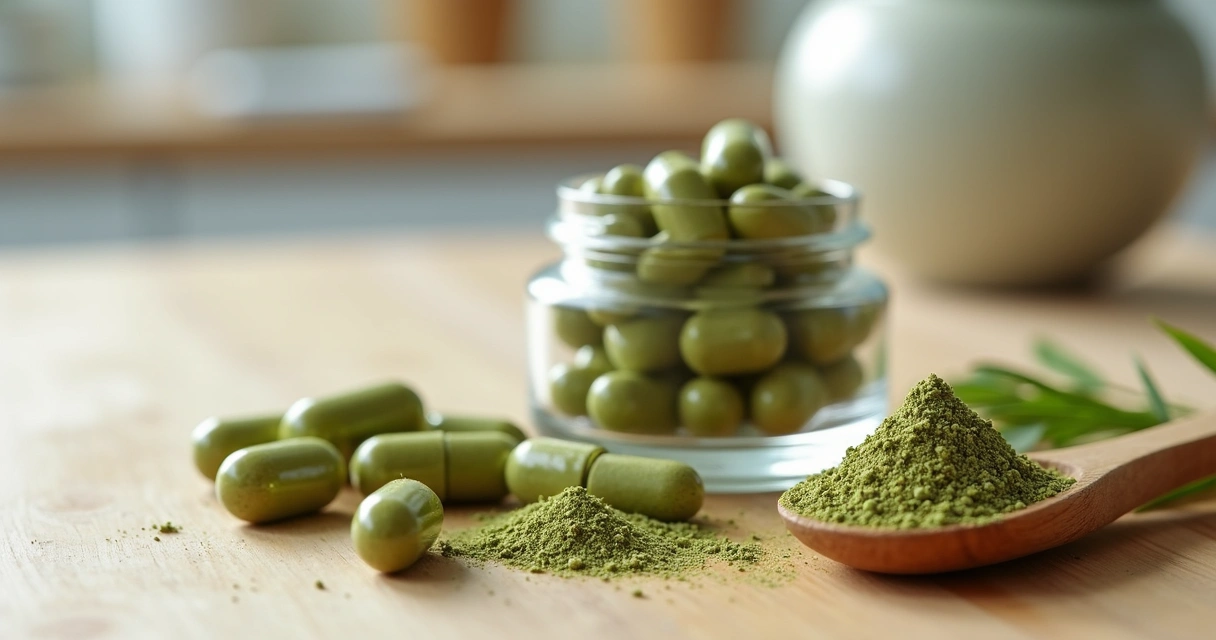 Cápsulas e pó de moringa dispostos sobre madeira clara