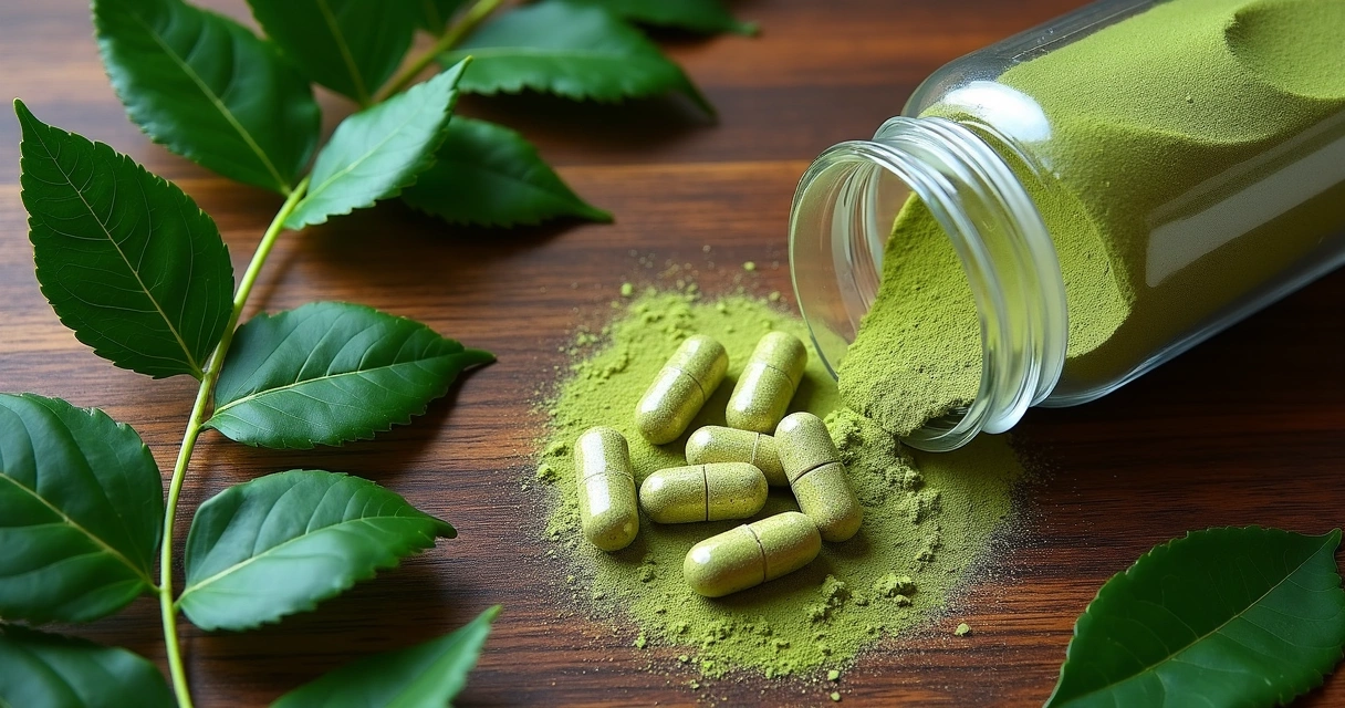 Cápsulas de moringa ao lado de folhas frescas de moringa em fundo de madeira