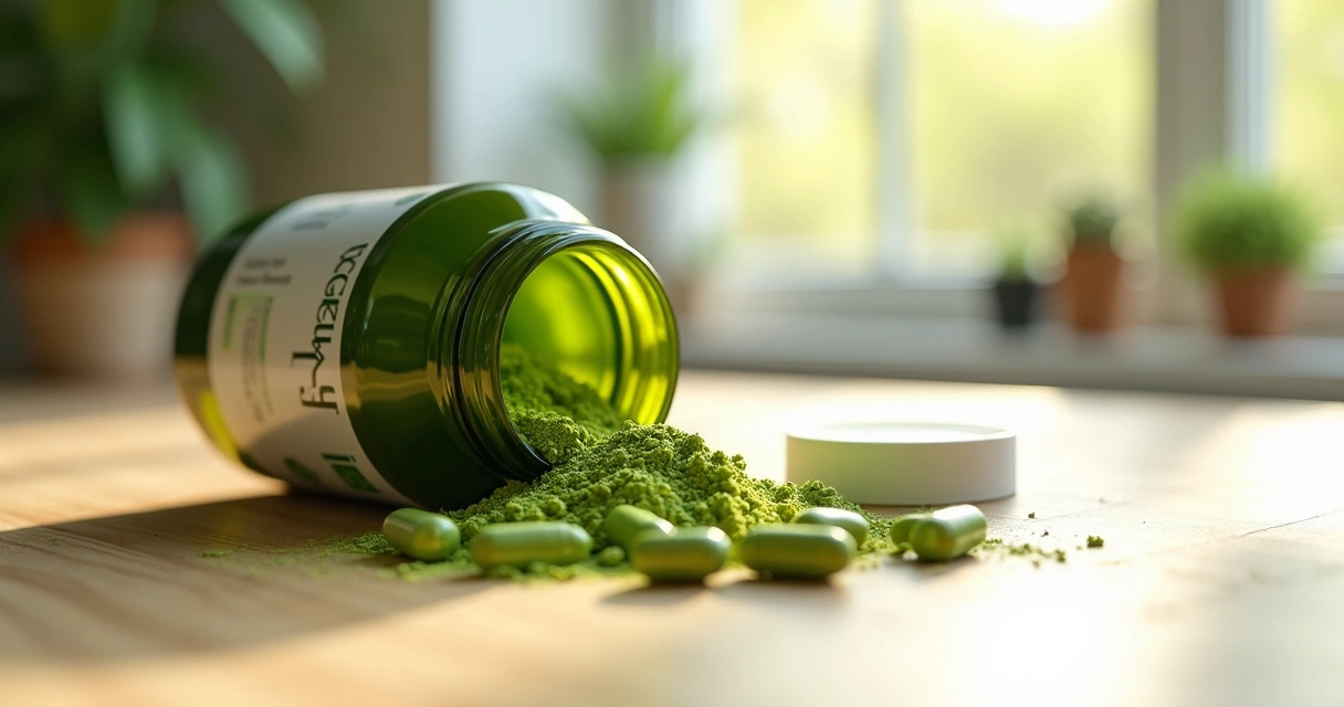 Frasco de moringa em cápsulas com cápsulas espalhadas ao lado em uma mesa de madeira clara