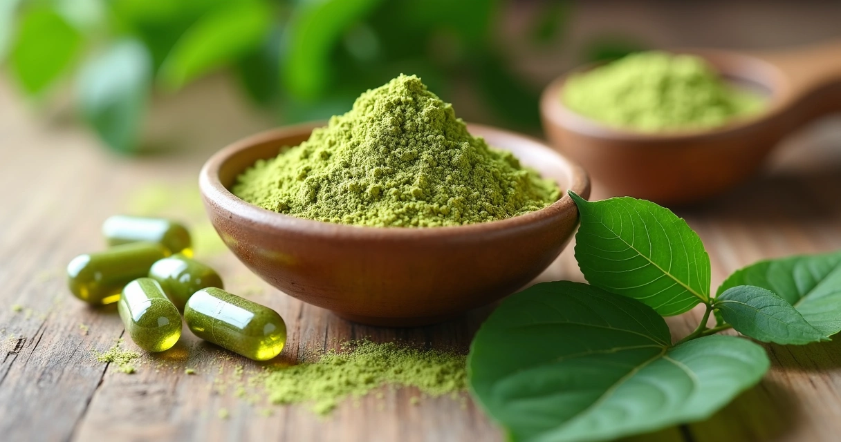 Moringa em cápsulas e pó sobre superfície de madeira clara com folha fresca ao lado 