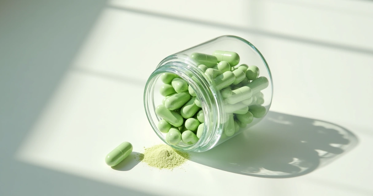 Frasco transparente com cápsulas verdes claras de moringa