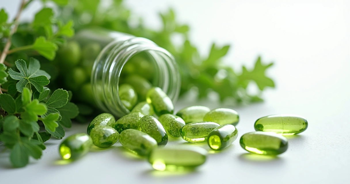 Frasco transparente de cápsulas de moringa ao lado de folhas verdes de moringa 