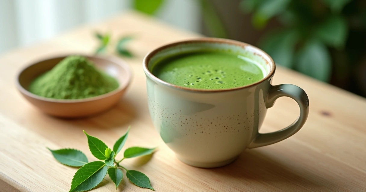 Xícara com chá e folhas de moringa ao lado