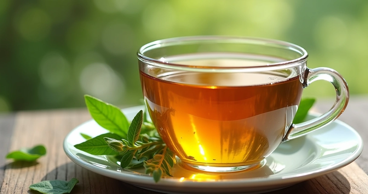 Chá de moringa em xícara transparente, folhas frescas ao lado
