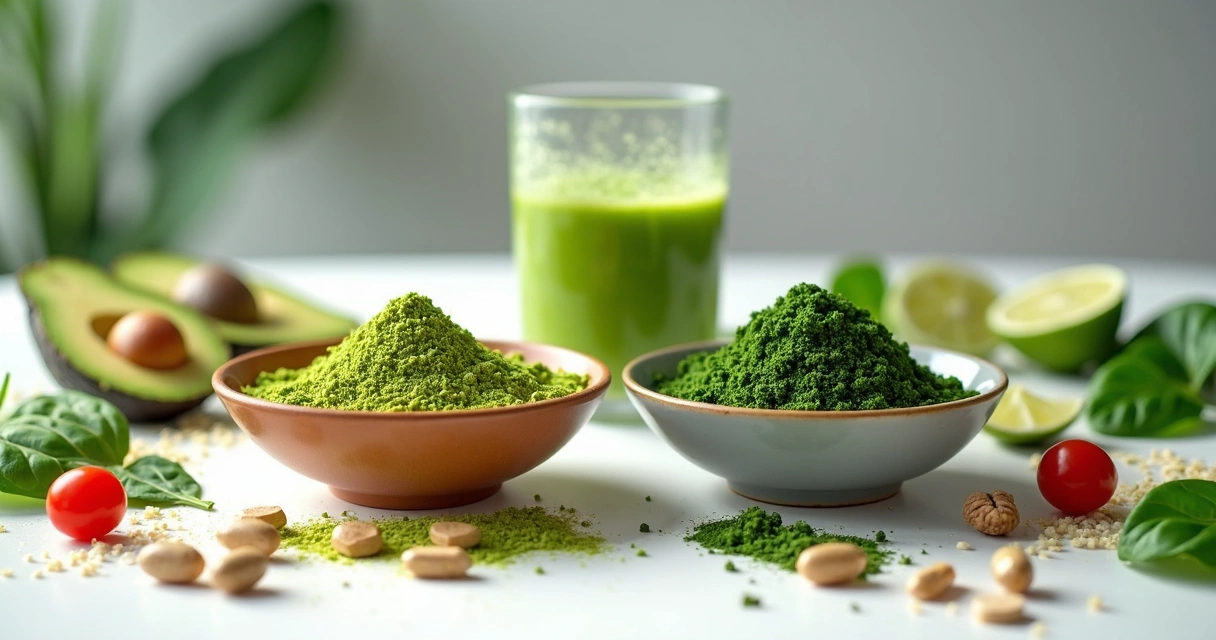 Comparação visual de moringa e chlorella em dois pratos com vegetais frescos 