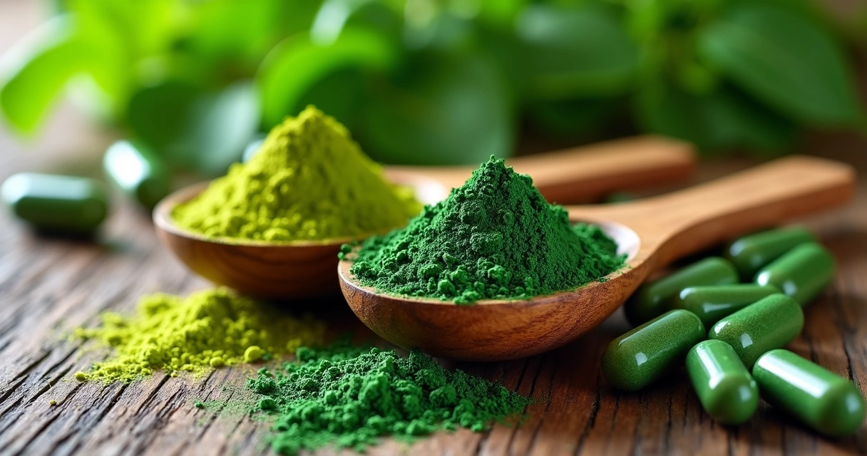 Pó verde de moringa e chlorella em colheres de madeira ao lado de cápsulas vegetais 