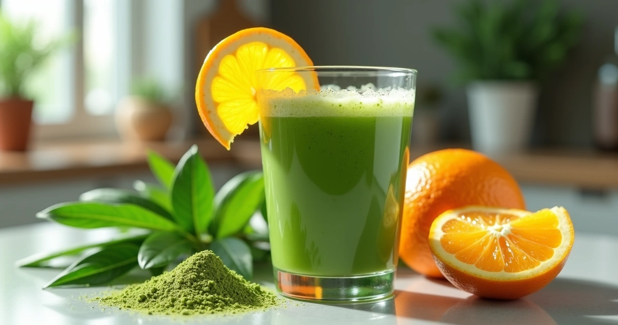 Suco verde de moringa e laranja em copo de vidro