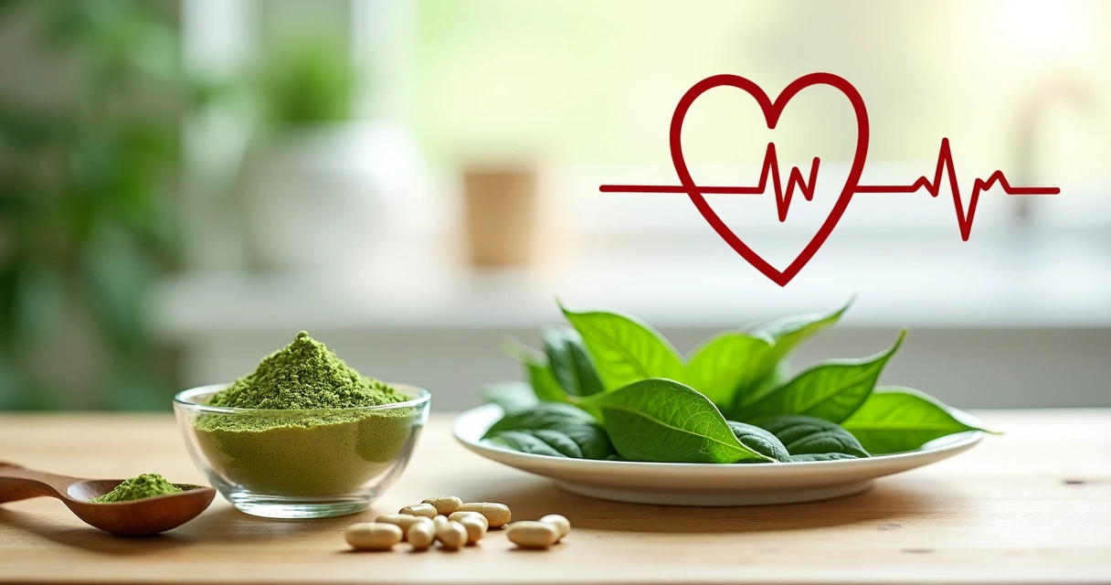 Folhas de moringa, cápsulas e desenho de coração saudável sobre fundo claro 