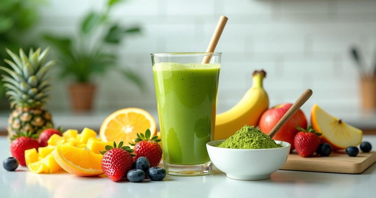 Copo de suco verde com moringa em pó e frutas variadas sobre bancada de madeira 