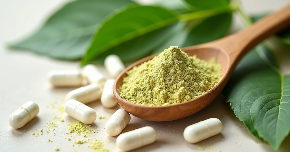 Polvo de moringa em colher próxima a cápsulas em fundo claro 