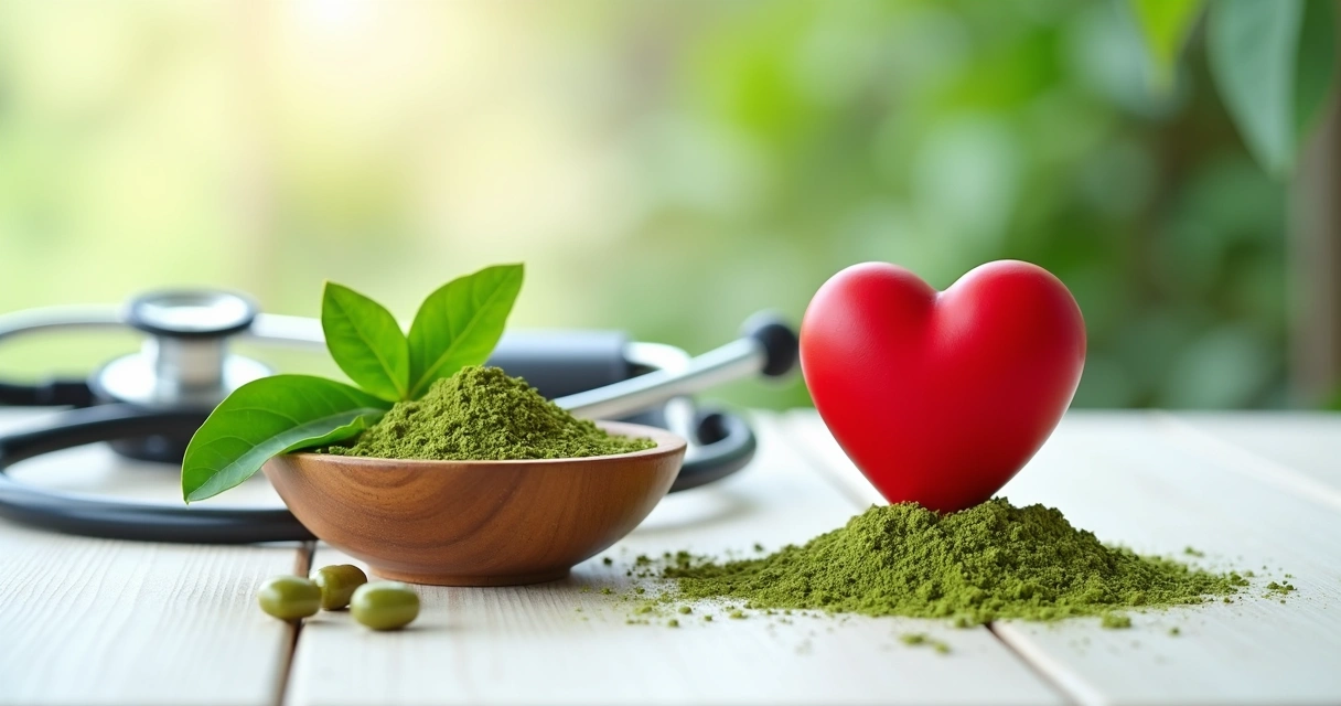 Folhas de moringa frescas ao lado de um coração vermelho simbolizando saúde cardiovascular 
