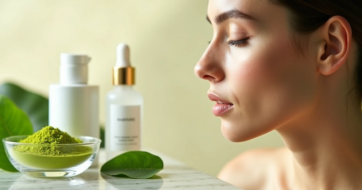 Folhas de moringa e cosméticos naturais ao lado de rosto feminino de pele saudável 