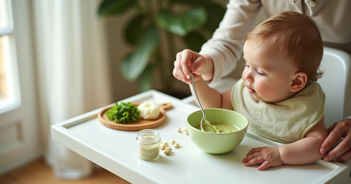 Bebê comendo papinha verde de moringa no colo da mãe 