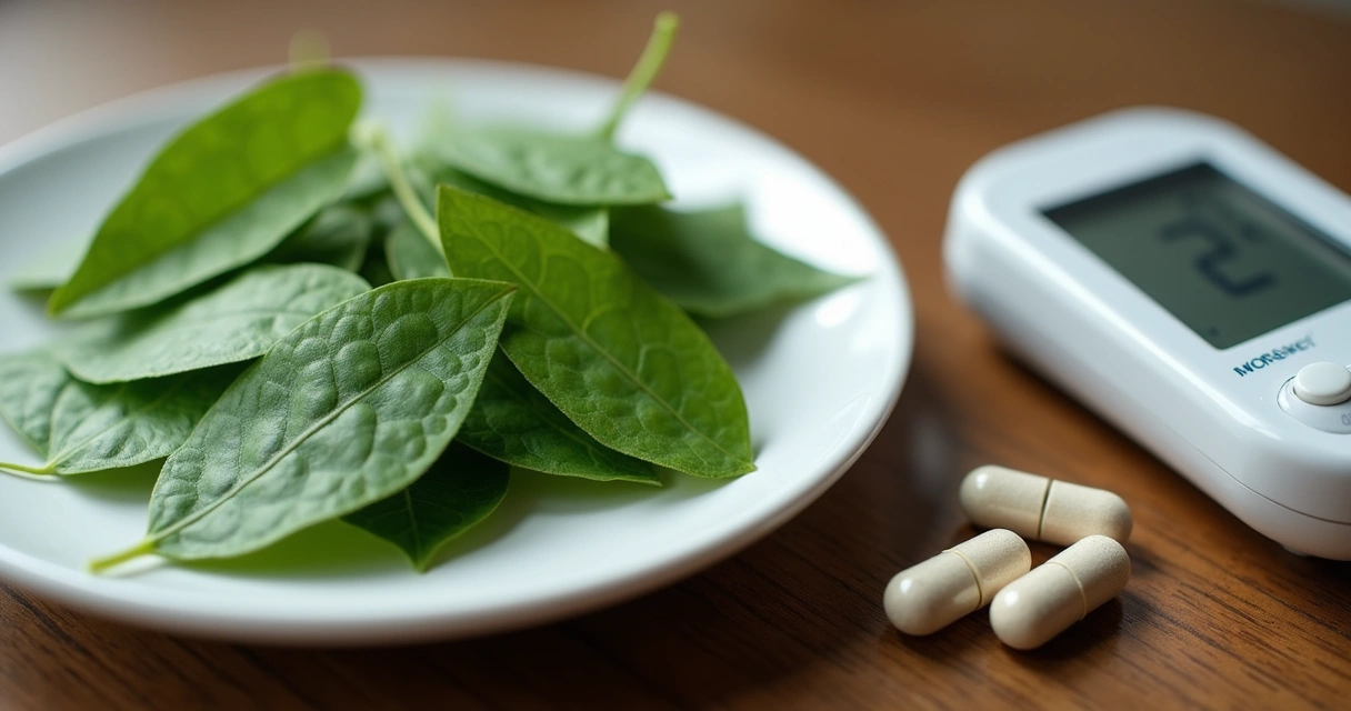 Folhas frescas de moringa em um prato branco ao lado de cápsulas de suplemento e um monitor de glicemia digital 