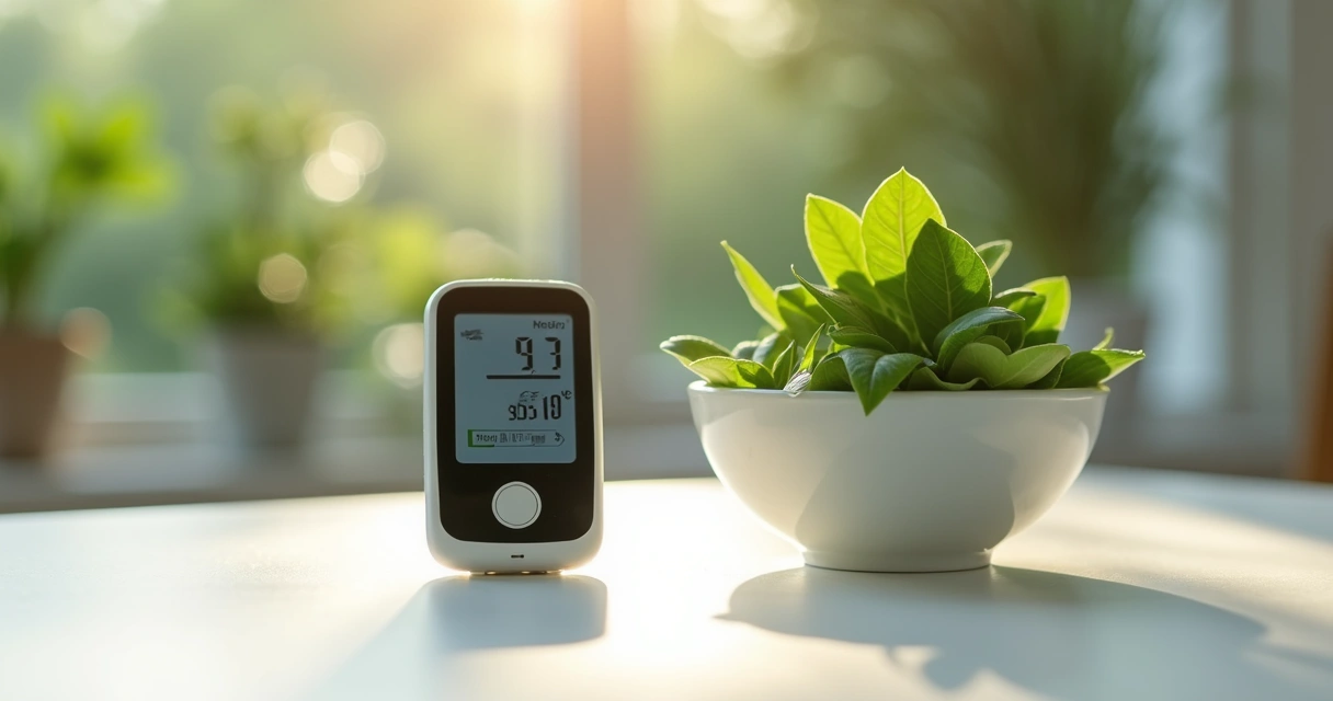 Medidor de glicose ao lado de folhas de moringa em mesa clara