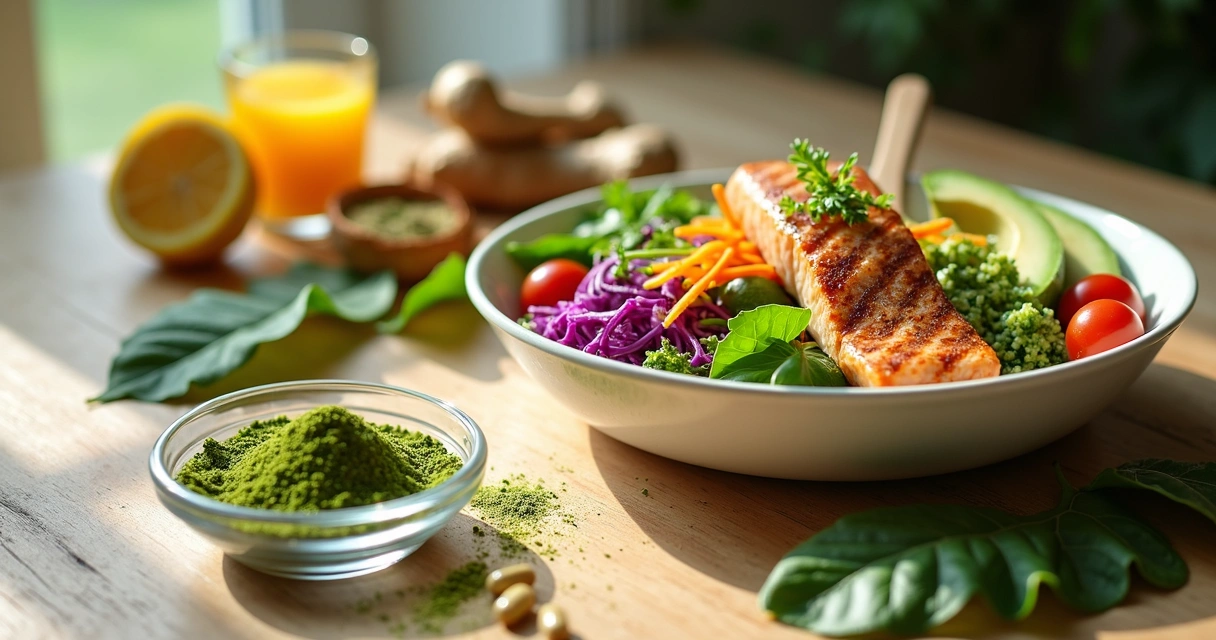Tigela com salada colorida e moringa em pó ao lado de cápsulas e folhas frescas 