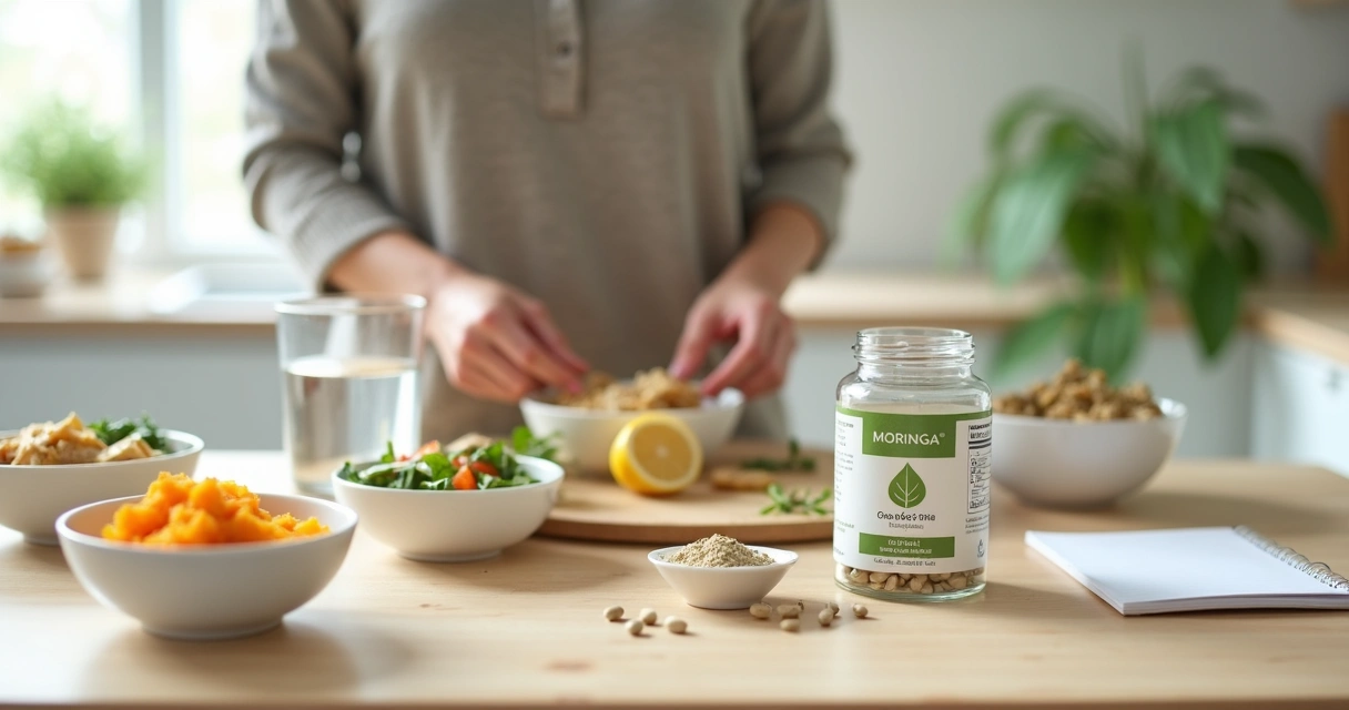 Mulher em cozinha clara organiza pratos leves e cápsulas de moringa para dieta pós-bariátrica 