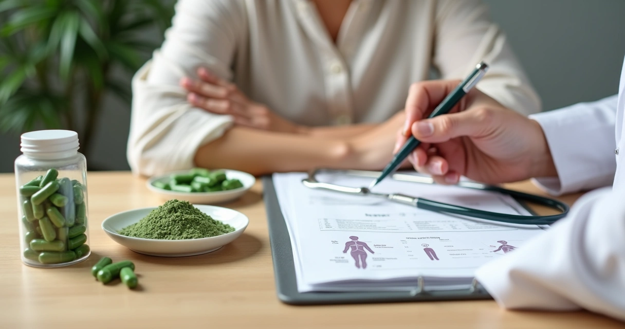 Paciente em consulta médica avaliando suplemento de moringa na mesa 