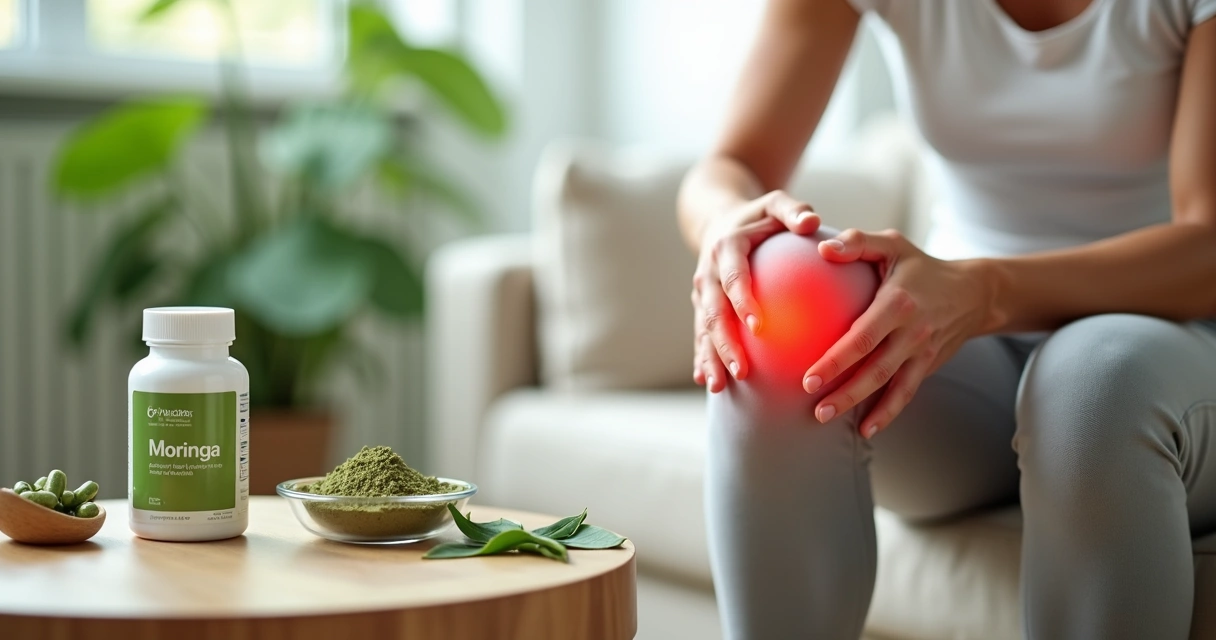 Mão feminina segurando cápsulas de moringa ao lado de joelho dolorido 