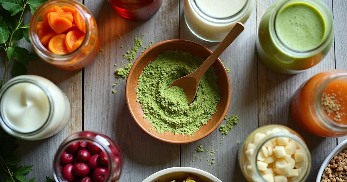 Mesa rústica com moringa em pó e vários alimentos fermentados organizados em composição harmoniosa 