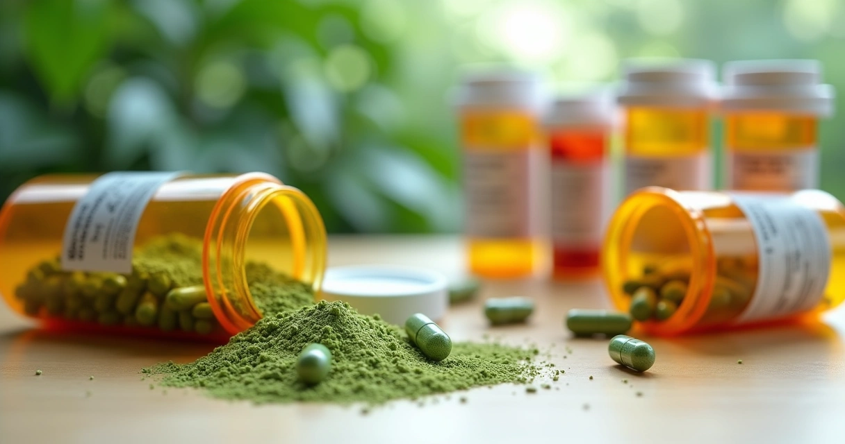 Cápsulas de moringa ao lado de medicamentos em frascos sobre uma mesa clara 