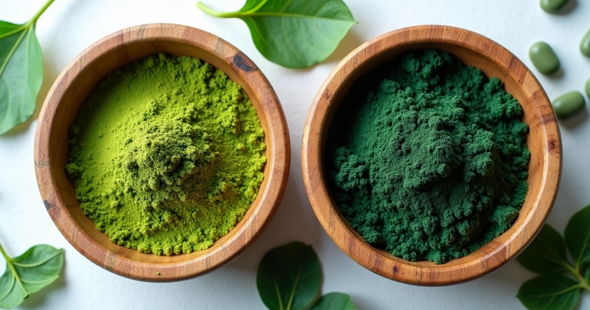 Moringa e spirulina lado a lado em tigelas de madeira