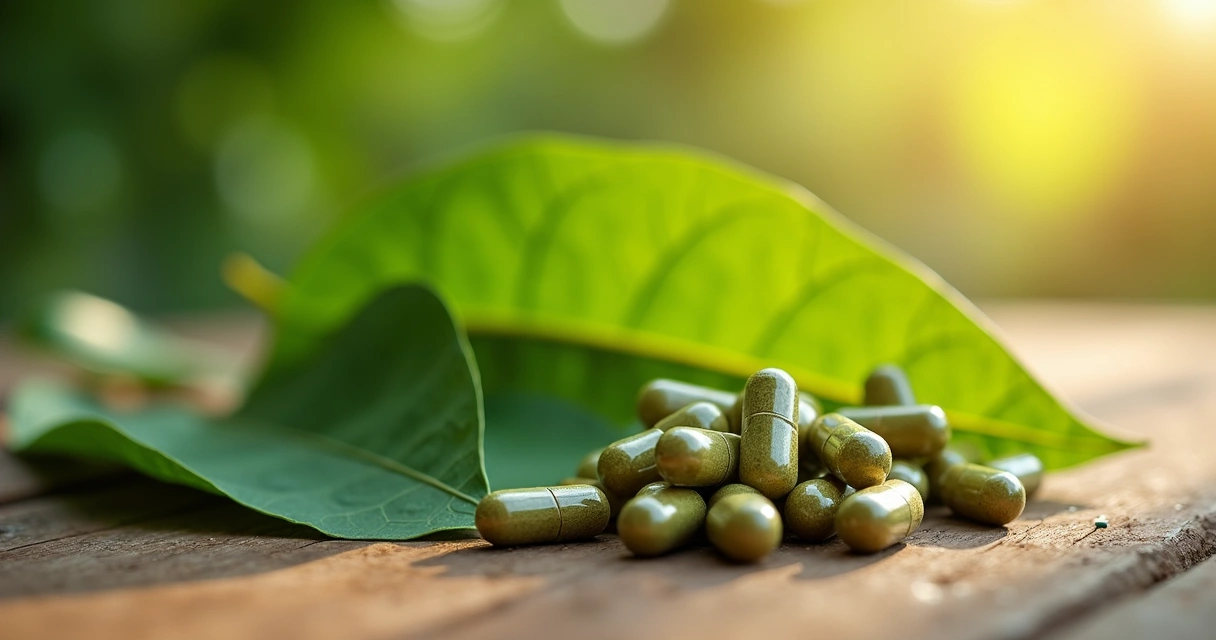 Cápsulas de moringa com folhas frescas ao fundo