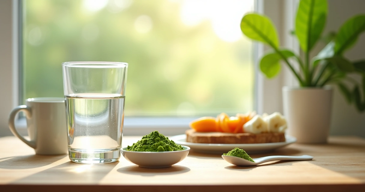 Copo de água, cápsulas e pó de moringa sobre mesa de café da manhã saudável 