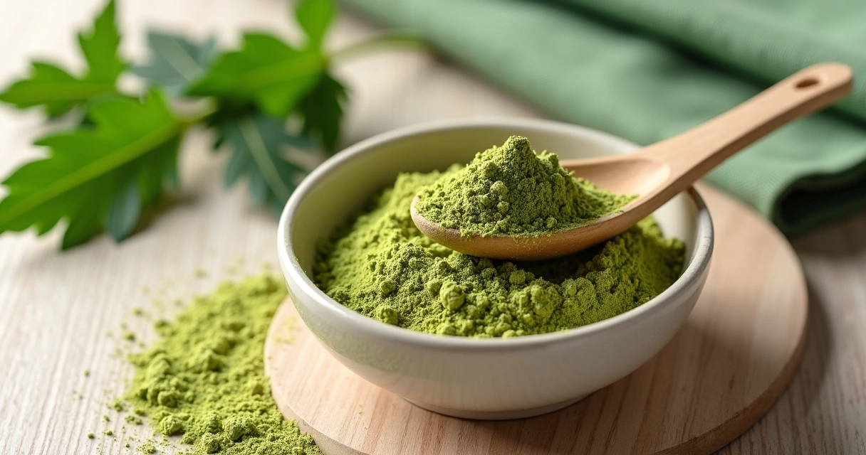 Pó de moringa em uma tigela de cerâmica clara sobre fundo de madeira clara 