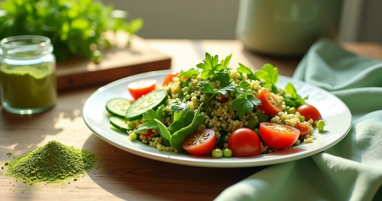 Prato vegano colorido com salada fresca e pó de moringa polvilhado por cima 