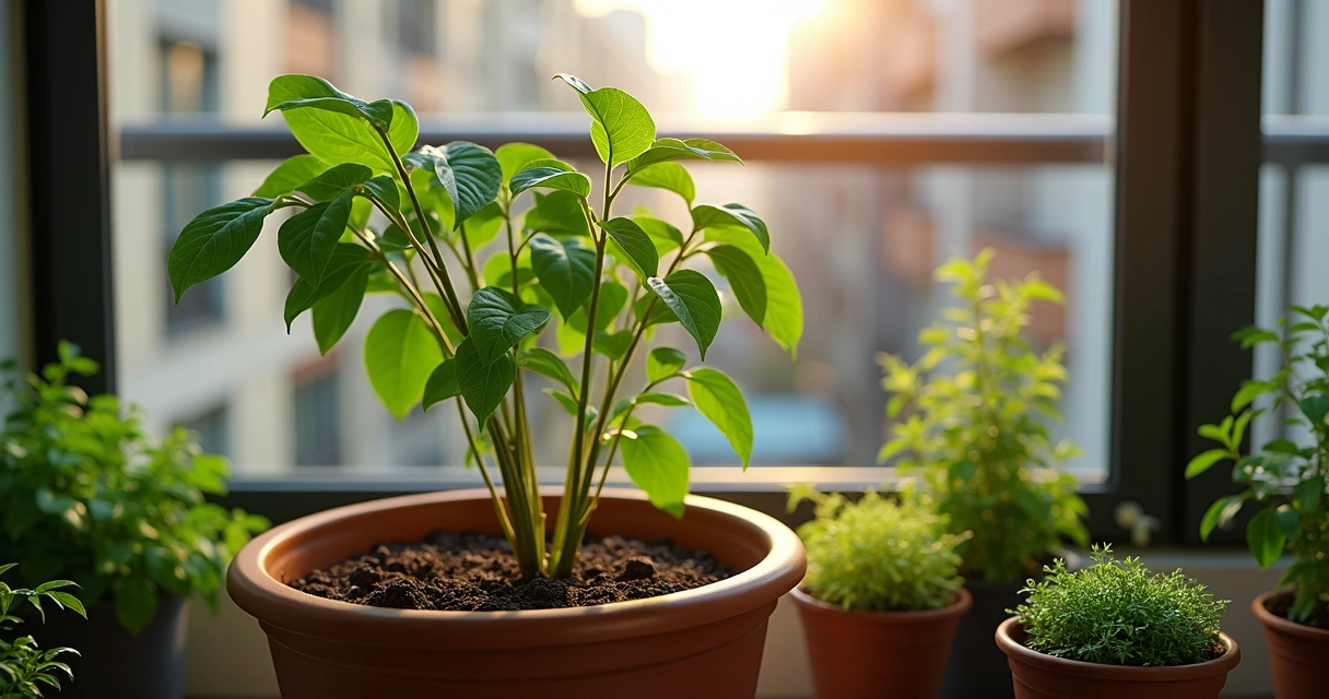 Moringa crescendo em vaso grande em sacada de apartamento, com sol ao fundo 
