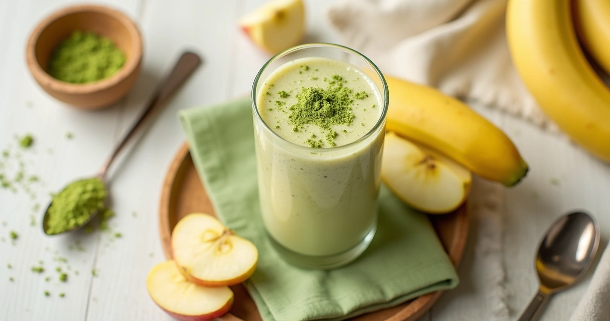 Vitamina de frutas com moringa em copo de vidro 