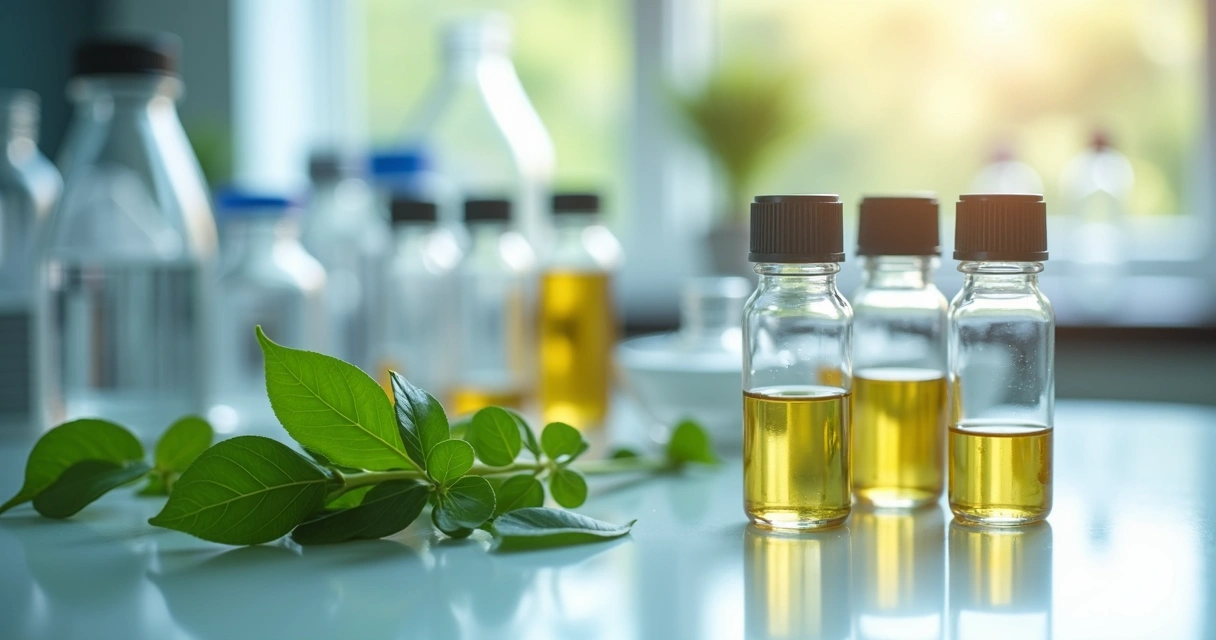 Frascos de amostras laboratoriais com folhas de moringa ao lado sobre bancada branca 