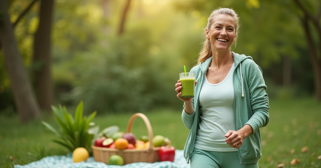 Mulher fazendo caminhada ao ar livre e segurando smoothie verde