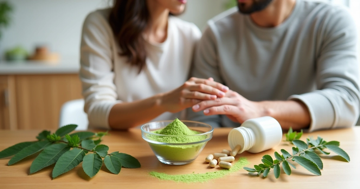 Casal abraçado segurando cápsulas de moringa sobre mesa com folhas verdes 