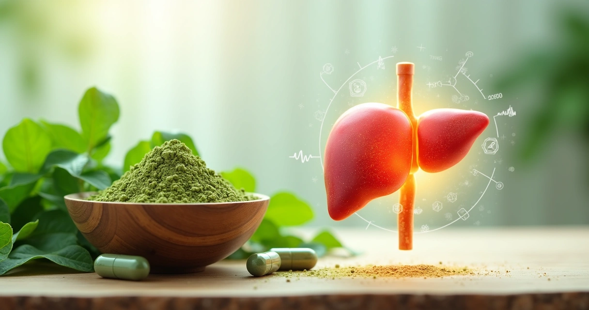 Folhas de moringa frescas ao lado de ilustração de fígado saudável 