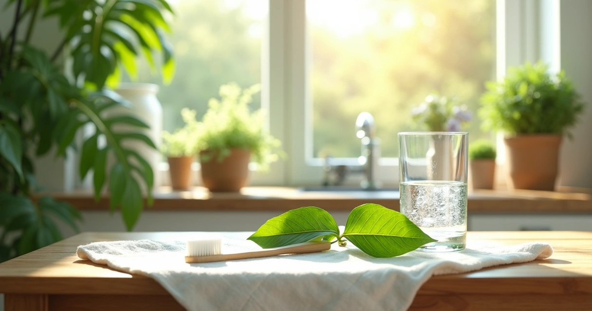 Folhas de moringa frescas em cima de uma mesa de madeira, perto de itens de higiene bucal