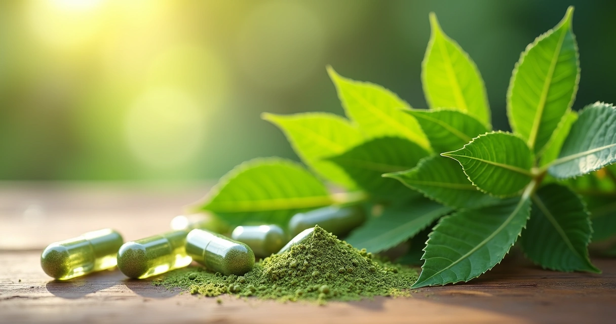 Folhas e cápsulas de moringa em superfície de madeira 