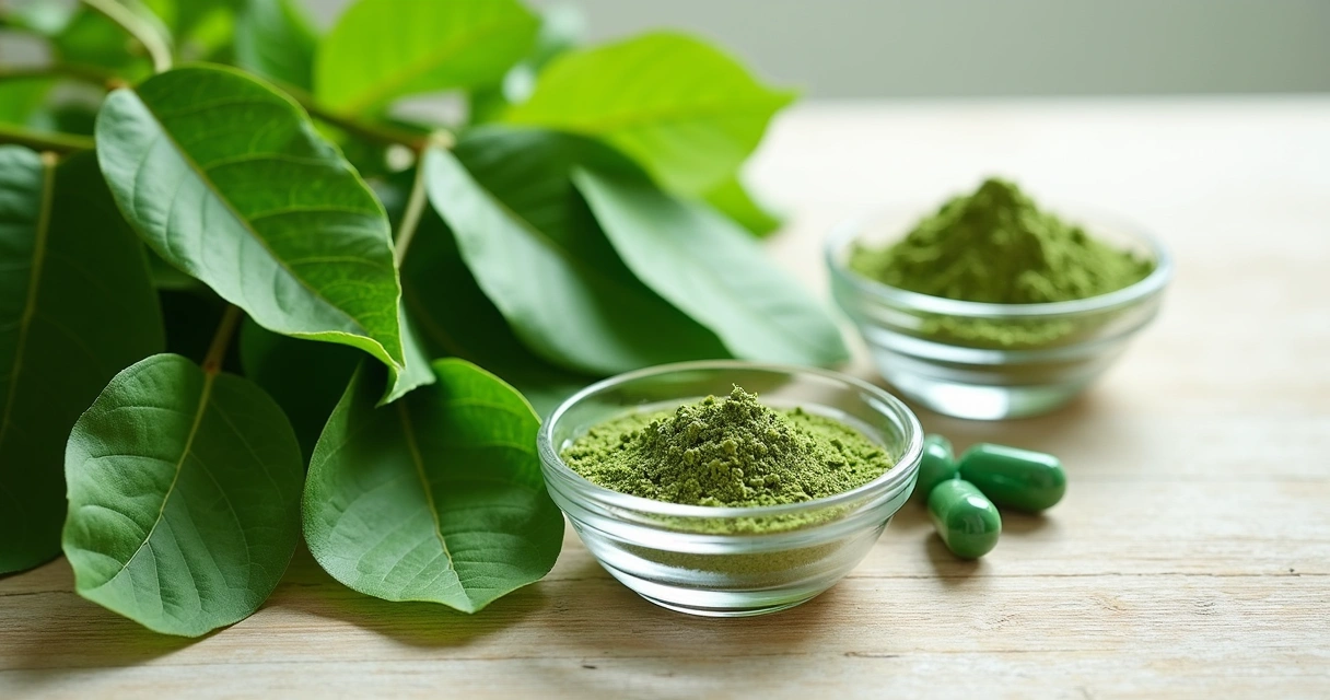 Folhas frescas de moringa ao lado de cápsulas e pó de moringa em tigelas sobre fundo claro 