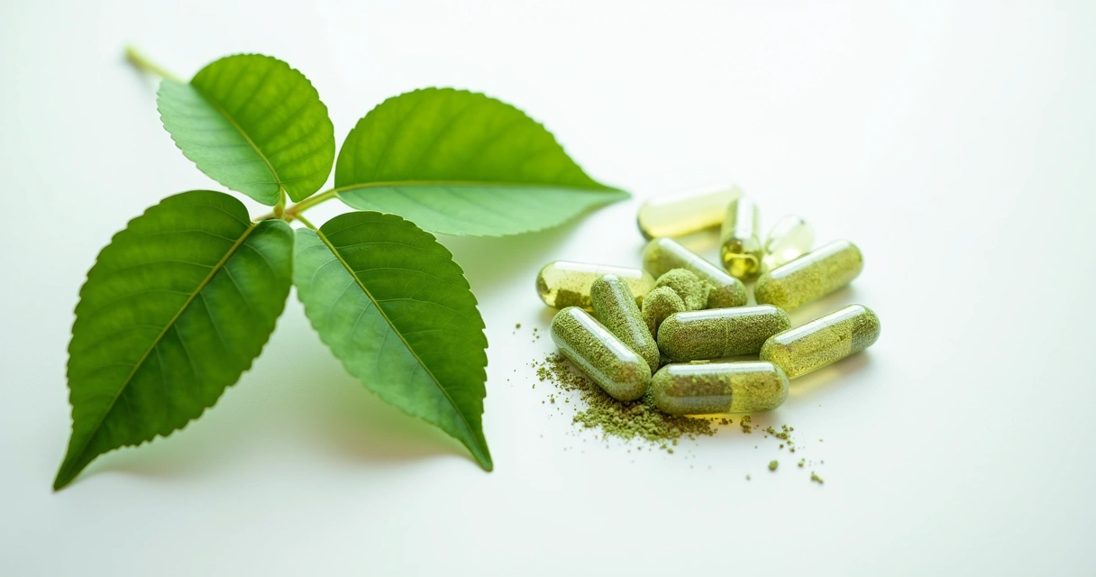 Folhas frescas de moringa e cápsulas ao lado em fundo branco 