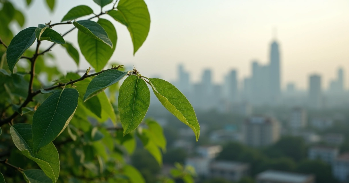 Folhas de moringa com céu da cidade poluída ao fundo 