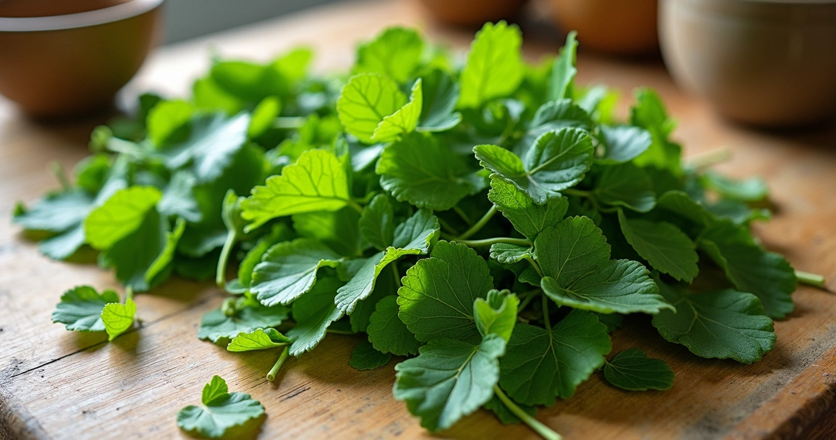 Folhas frescas e detalhadas de moringa apoiadas sobre uma mesa de madeira clara