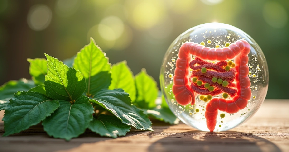 Folhas frescas de moringa com representação detalhada da microbiota intestinal colorida 